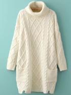 Shein Beige High Neck Diamond Patterned Pockets Sweater