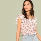 Shein Calico Print Ruffle Trim Crop Blouse