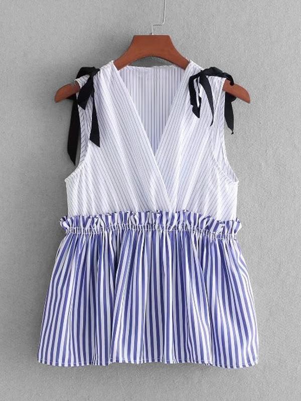 Shein Tie Shoulder Striped Babydoll Tank Top