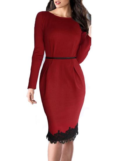 Shein Red Round Neck Peplum Hem Pencil Dress