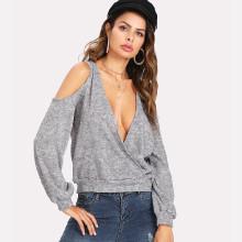 Shein Open Shoulder V Neck Marled Sweatshirt