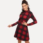 Shein Mock-neck Fit And Flare Plaid Dress