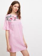 Shein Embroidered Flower Applique Fluted Sleeve Gingham Smock Dress