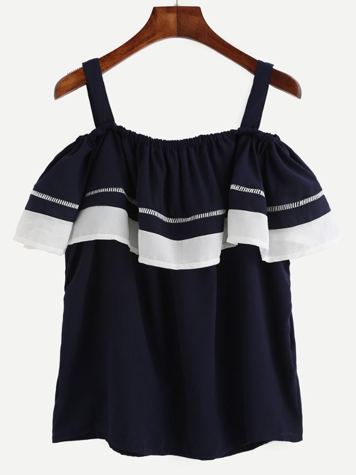 Shein Navy Contrast Trim Ruffle Cold Shoulder Top
