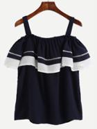 Shein Navy Contrast Trim Ruffle Cold Shoulder Top