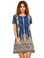 Shein Pink In Blue Aztec Print Shift Dress