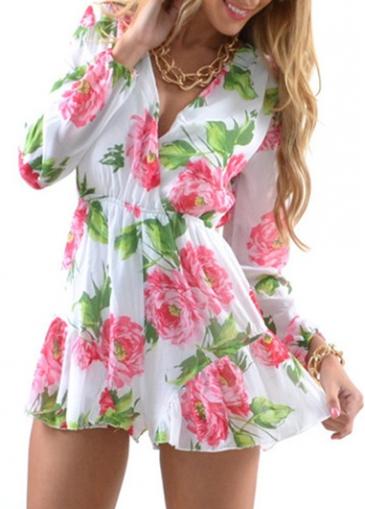 Rosewe White Chiffon V Neck Printed Romper