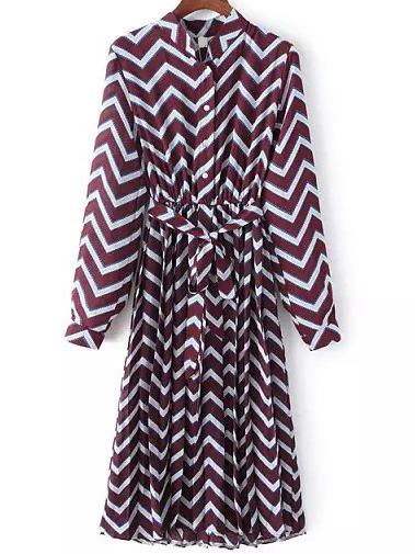 Shein Red White Stand Collar Wave Pattern Dress