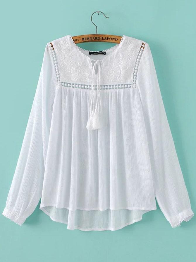 Shein White Embroidered Pleated Fringe Dip Hem Blouse