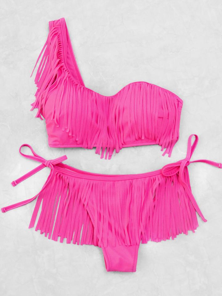 Shein One Shoulder Fringe Design Tie Bikini Set
