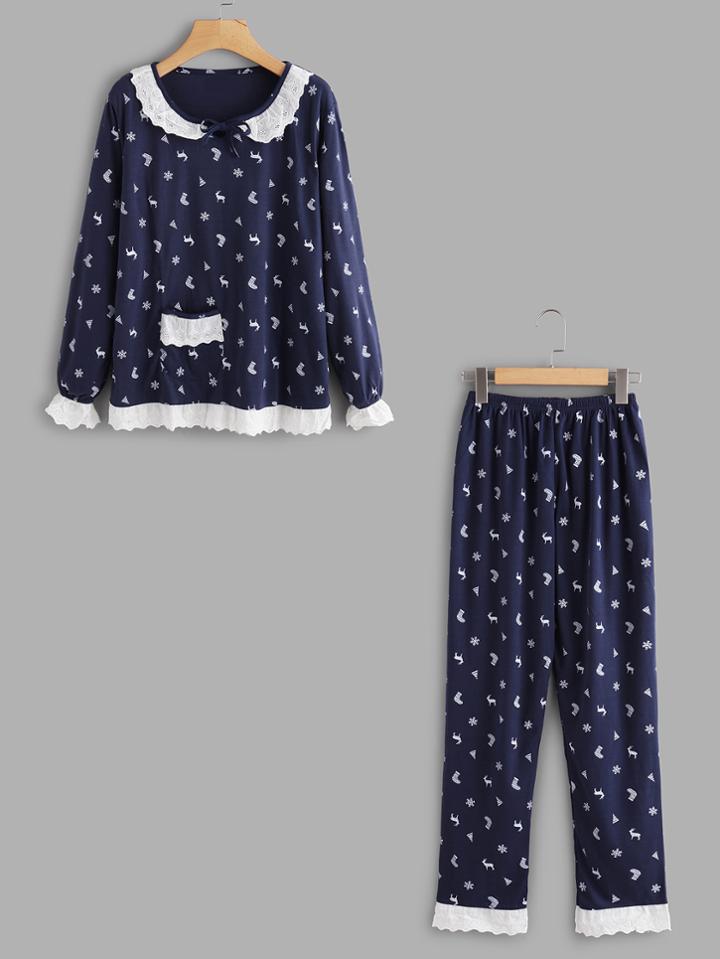 Shein Ruffle Trim Pullover Long Pajama Set