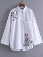 Shein White Floral Embroidery Blouse With Pocket
