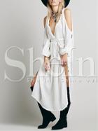 Shein White Long Sleeve Off The Shoulder Deep V Neck Split Dress
