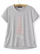 Shein Grey Short Sleeve Eiffel Tower Pattern T-shirt