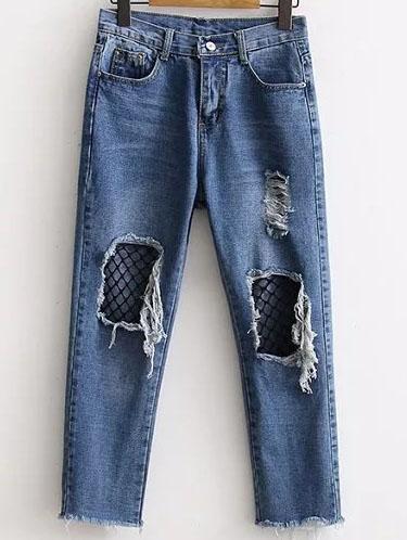 Shein Blue Contrast Mesh Ripped Detail Jeans