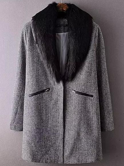 Shein Black White Contrast Collar Houndstooth Coat