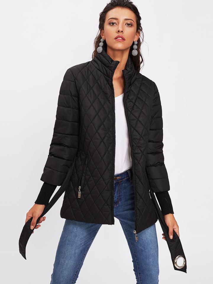 Shein Self Tie Waist Zip Up Padded Coat