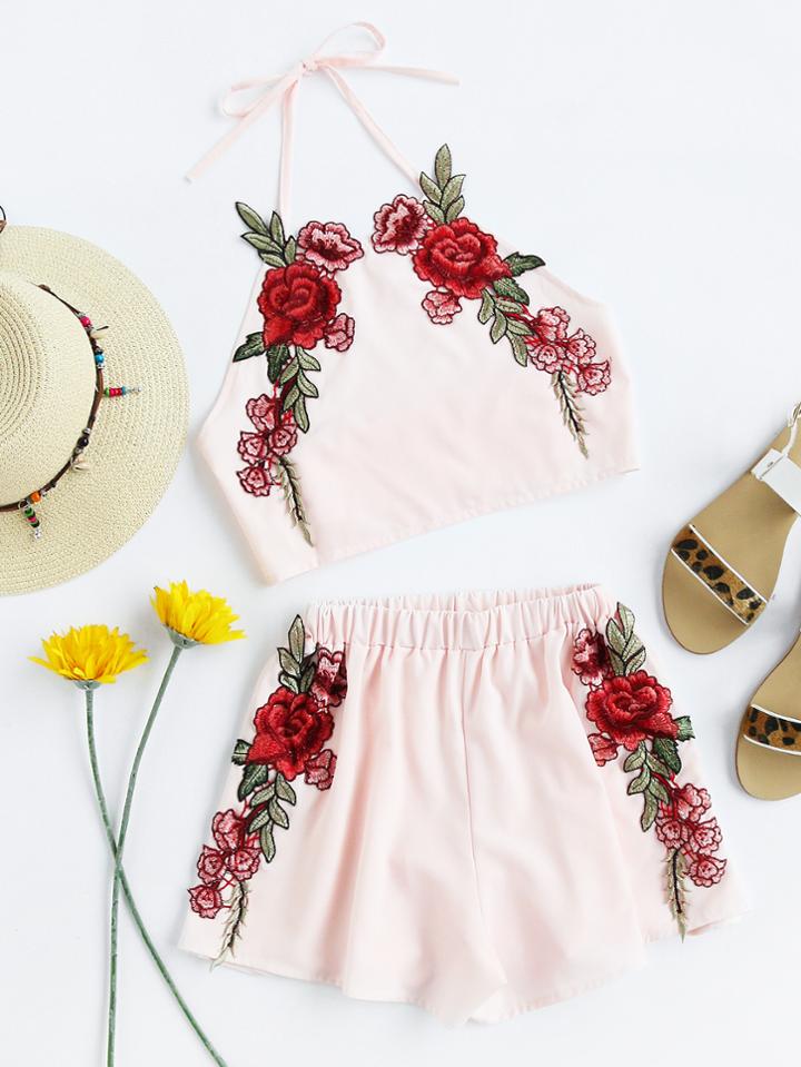 Shein Halter Neck Rose Applique Crop Top With Shorts