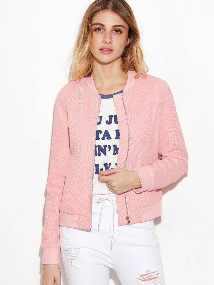Shein Pink Zip Up Waffle Knit Bomber Jacket