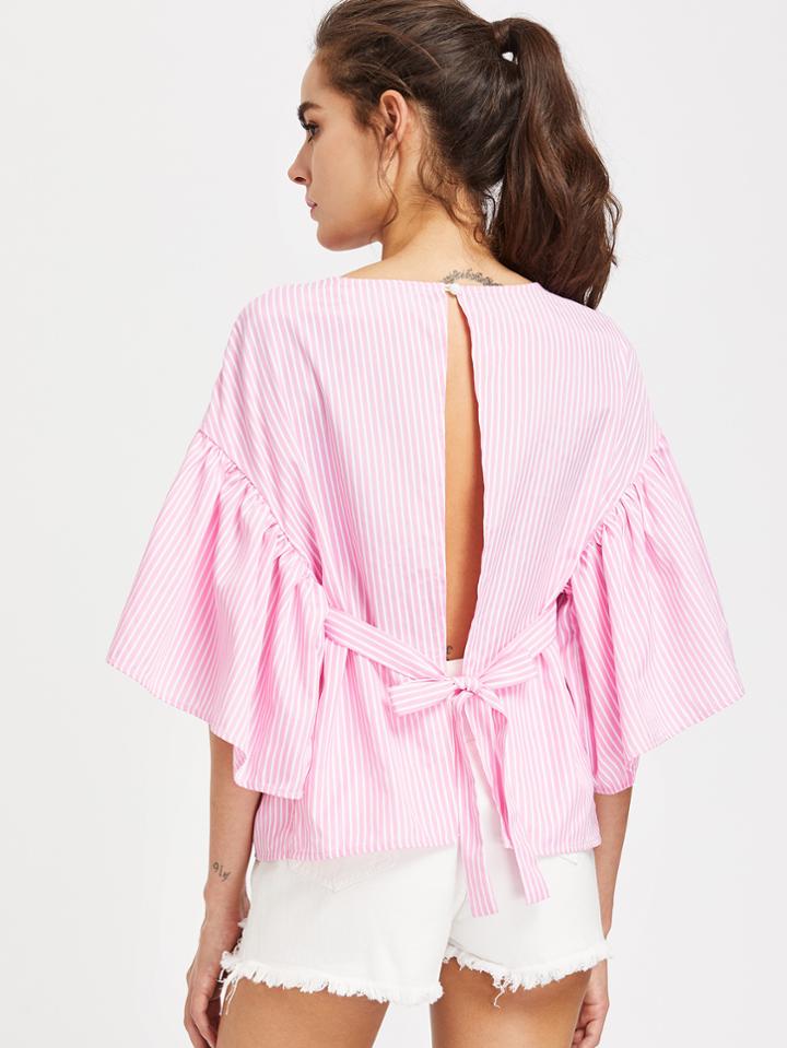 Shein Self Tie Open Back Kimono Sleeve Striped Top