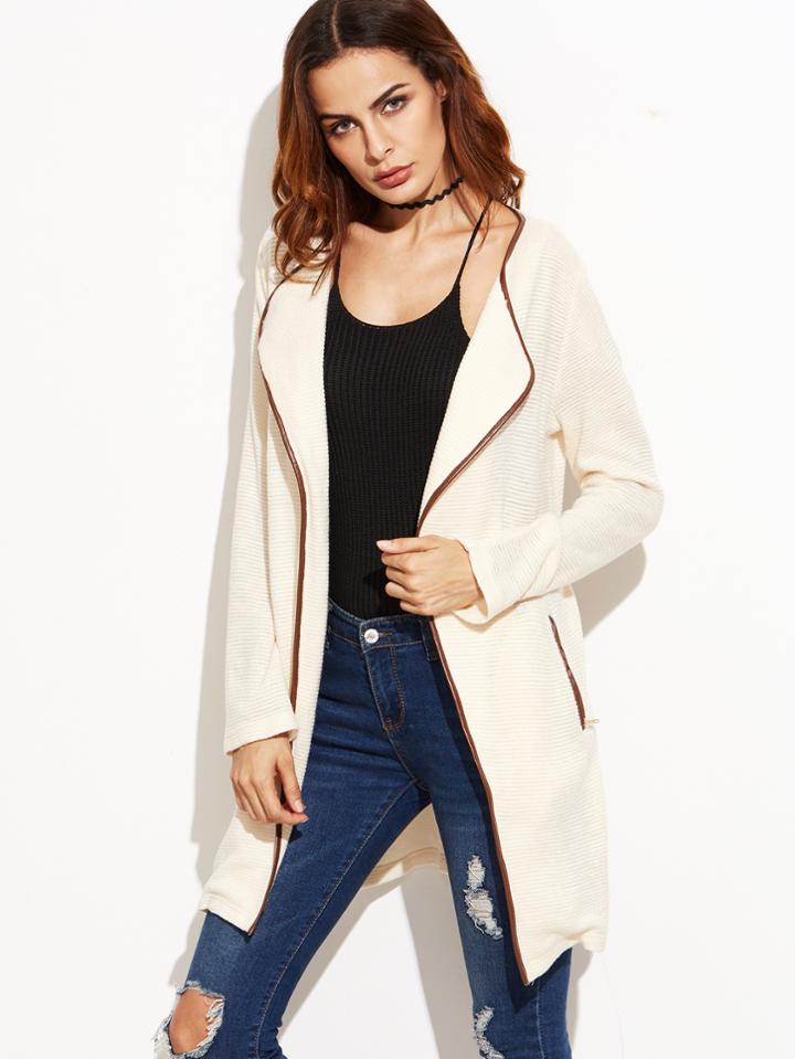 Shein Apricot Contrast Faux Leather Binding Wrap Coat