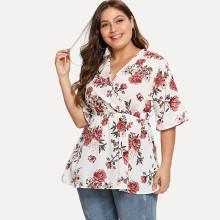 Shein Plus Surplice Neckline Pep Hem Florals Blouse