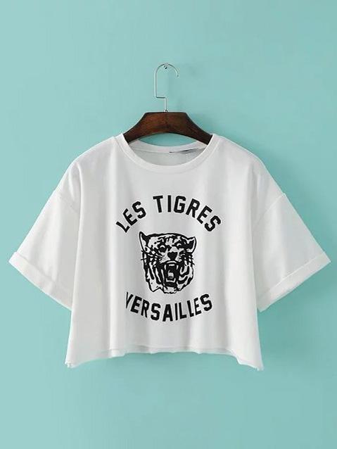 Shein White Half Sleeve Roll Up Cuff Tiger Printed T-shirt