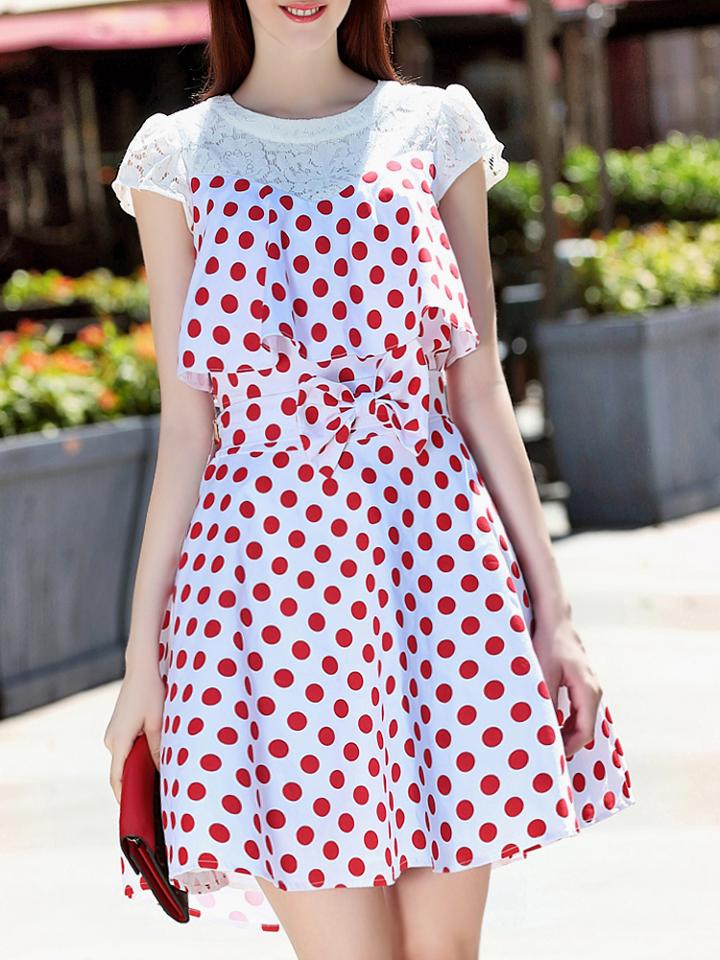 Shein White Contrast Lace Bowknot Polka Dot Dress