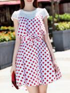 Shein White Contrast Lace Bowknot Polka Dot Dress
