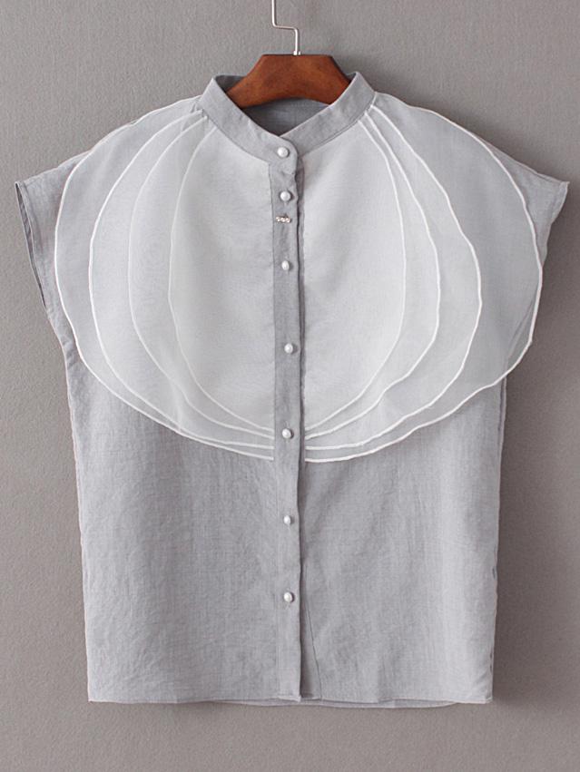 Shein Grey Multi-layered Organza Patchwork Cap Sleeve Blouse