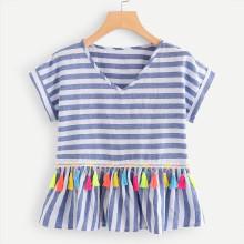 Shein Fringe Trim Pep Hem Striped Blouse