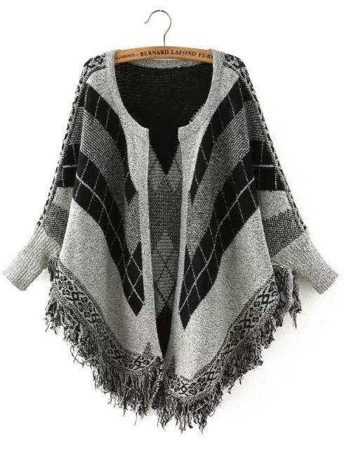 Shein Black Grey Long Sleeve Geometric Print Tassel Cardigan