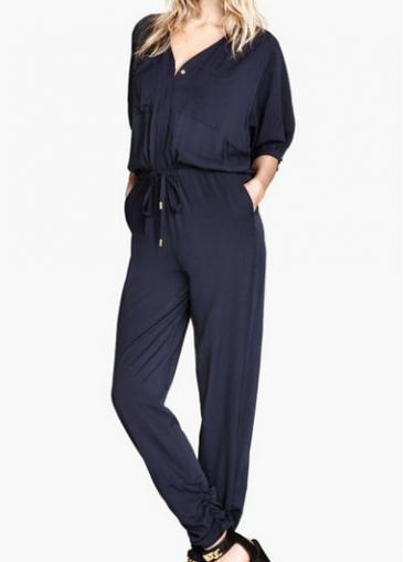 Rosewe Navy Blue Half Sleeve V Neck Jumpsuit For Woman