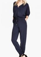 Rosewe Navy Blue Half Sleeve V Neck Jumpsuit For Woman