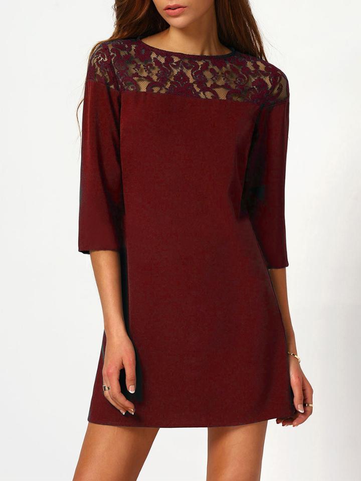 Shein Illusion Lace Neck Buttoned Keyhole 3/4 Sleeve Dress