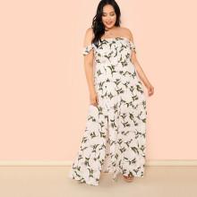 Shein Plus Flower Print Slit Hem Bardot Dress