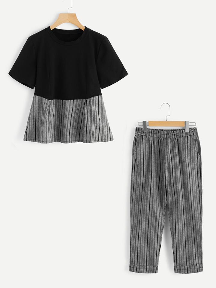 Shein Contrast Striped Hem Top With Cuffed Pants