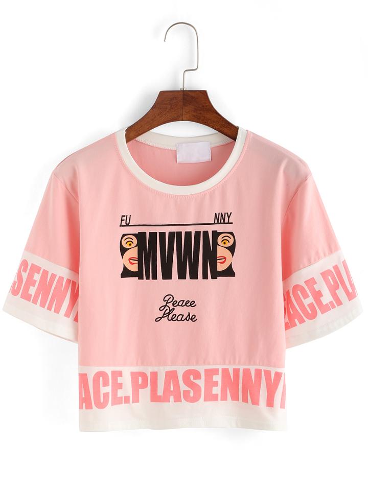 Shein Contrast Neck Letter Print Crop T-shirt