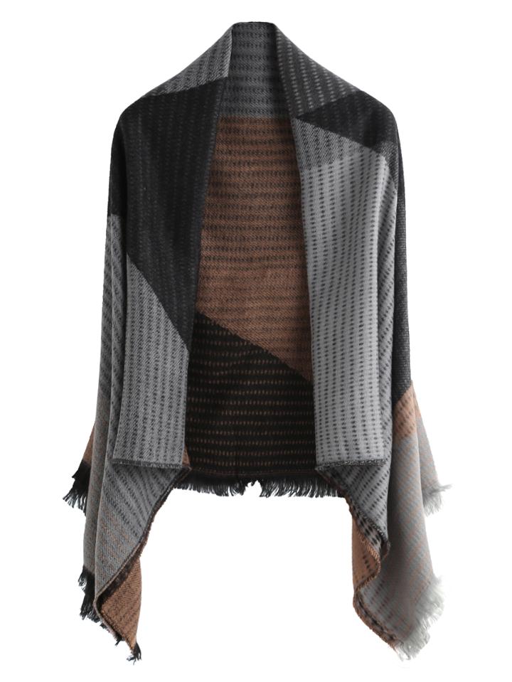Shein Black Patchwork Fringe Trim Shawl Scarf