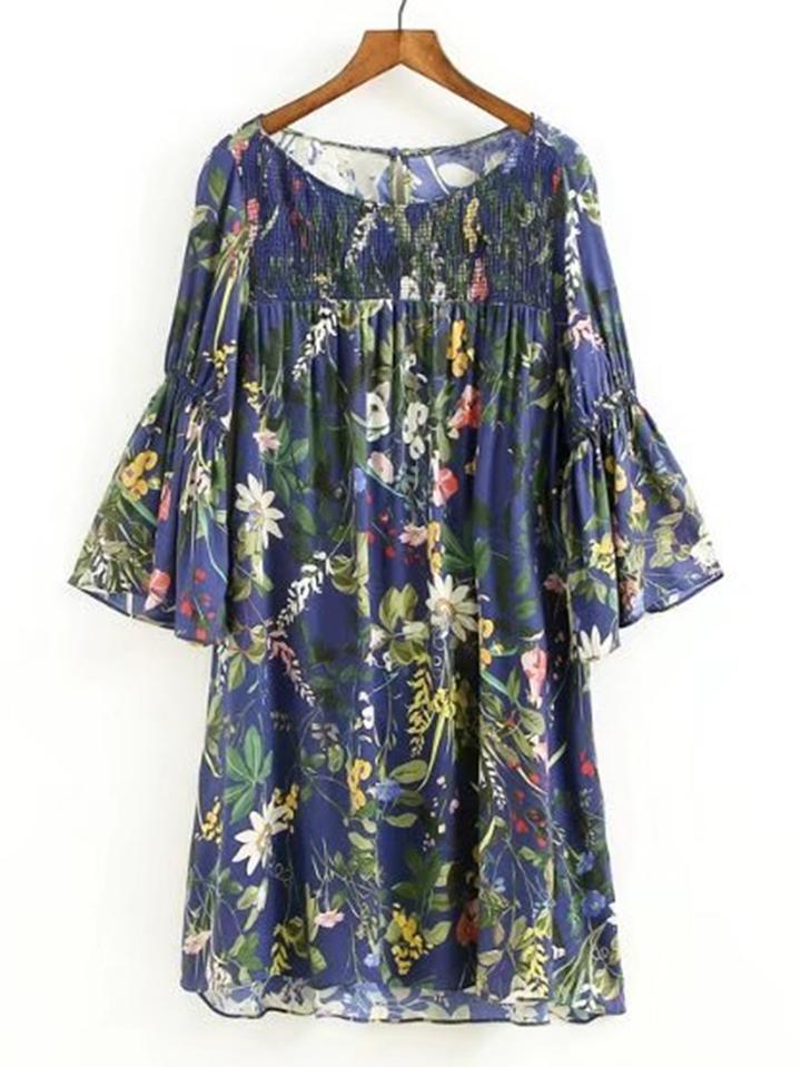 Shein Bell Sleeve Flower Print Dress