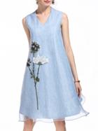 Shein Blue V Neck Flowers Embroidered Organza Dress