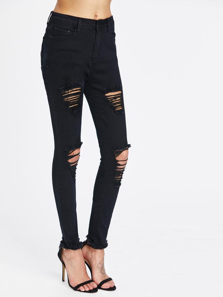 Shein Ripped Frayed Hem Skinny Jeans