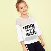 Shein Girls Letter Print Mesh Insert Tee
