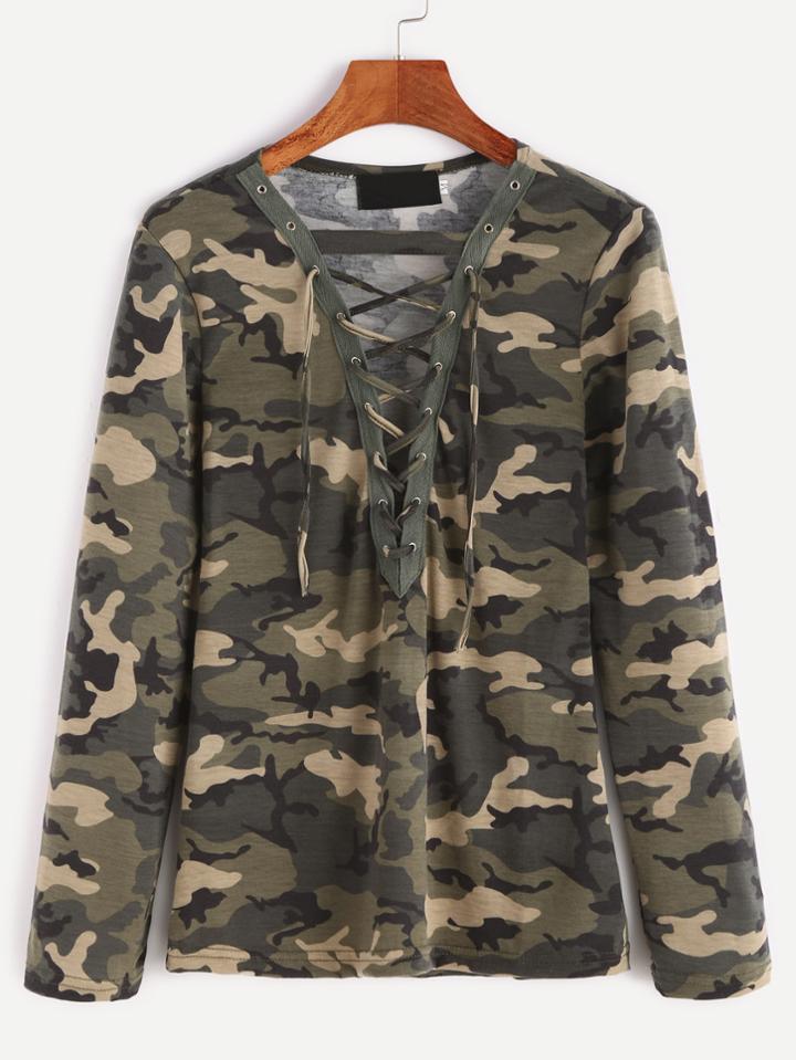 Shein Deep V Neck Lace Up Camo T-shirt