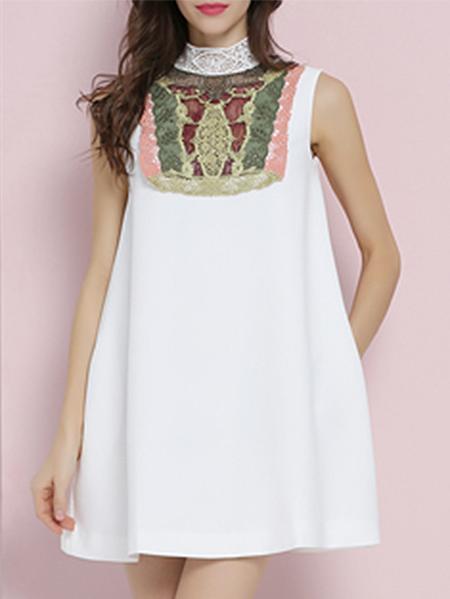 Shein White Color Block Crochet Shift Dress