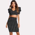 Shein Puff Sleeve Grid Top & Pencil Skirt Co-ord