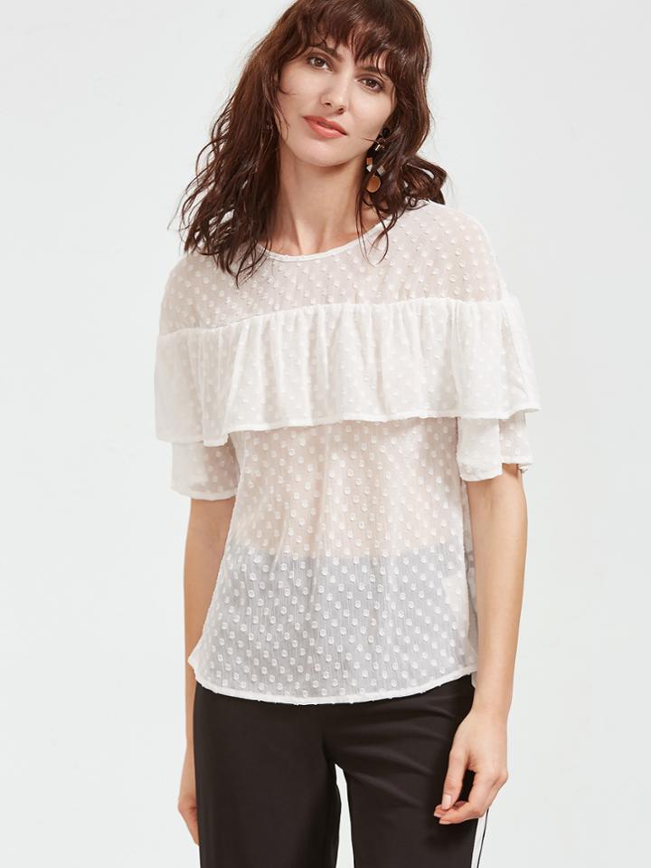 Shein White Ruffle Trim Polka Dot Jacquard Top