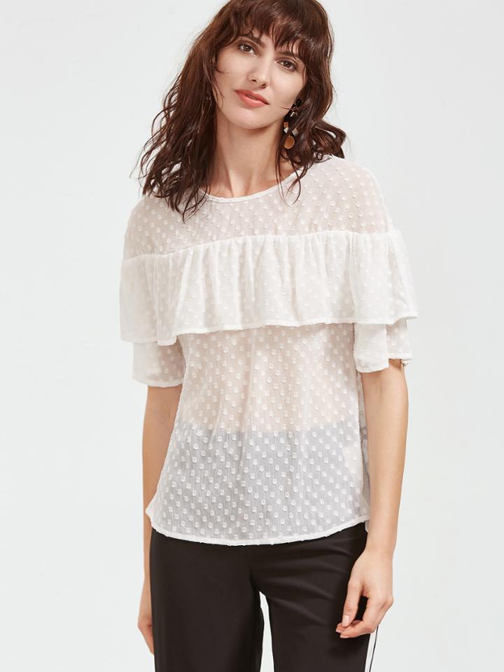 Shein White Ruffle Trim Polka Dot Jacquard Top