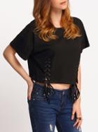 Shein Black Crew Neck Lace Up Crop T-shirt