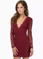 Shein Wine Red V Neck Long Sleeve Lace Dress